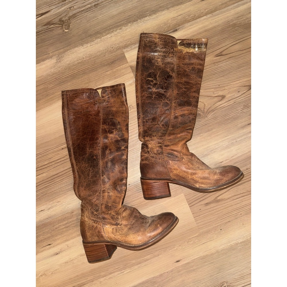 Wind Reder Distressed Brown Leather Tall Western Boots Block Heel Womens 6.5